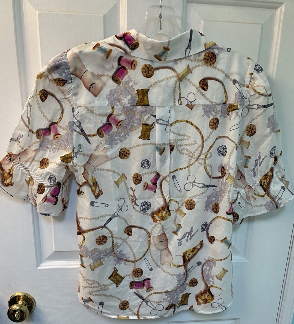 NWT Karl Lagerfeld Paris 100% Cotton Sewing Print Ruffle Sleeve Blouse Size M