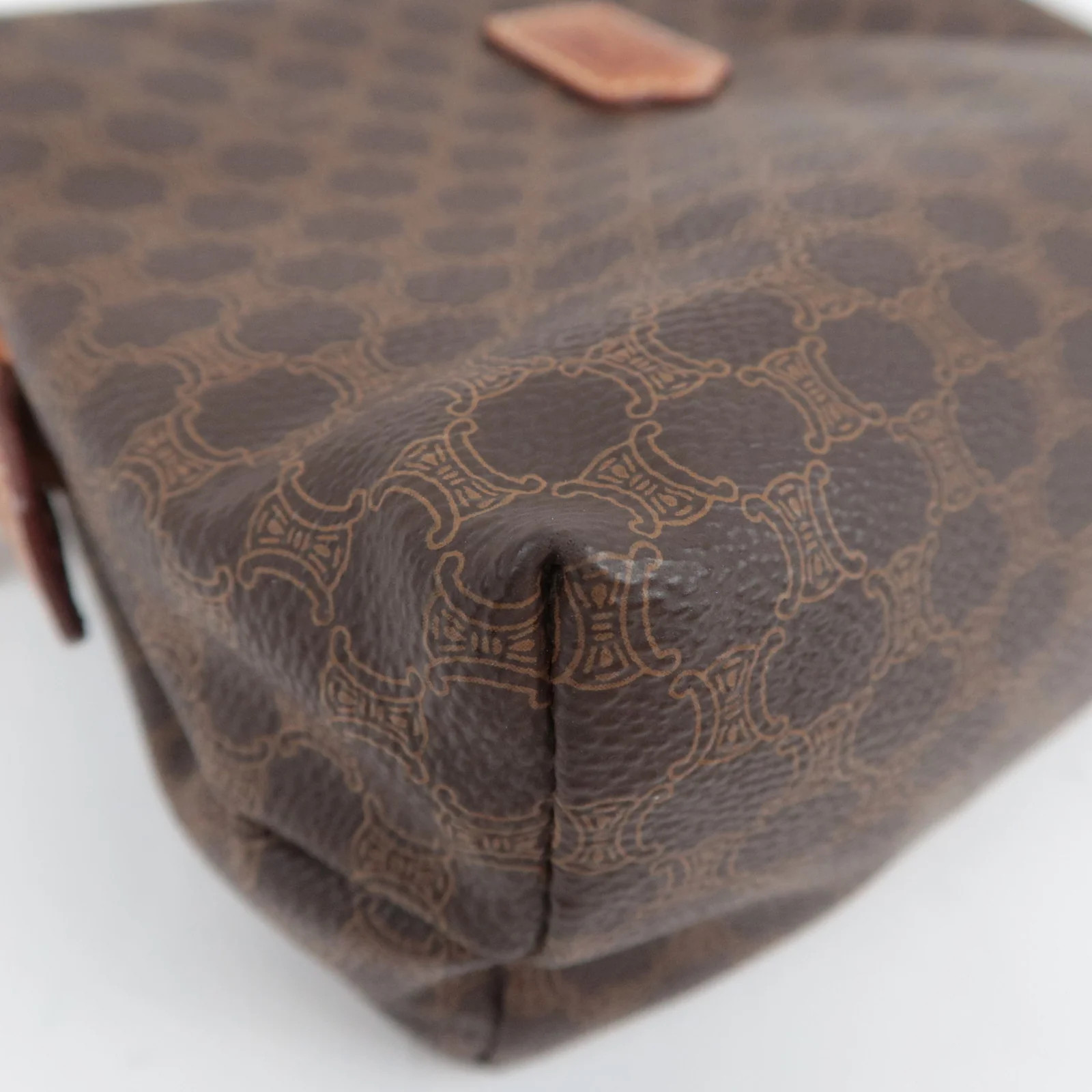 CELINE Macadam PVC Leather Cosmetic Pouch Brown Gold HDW Authentic