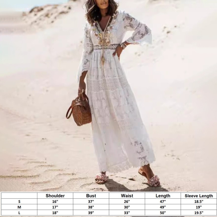 Women’s Boho Maxi Lace V Neck Flare Sleeve Dress Summer Party Beach Sundress