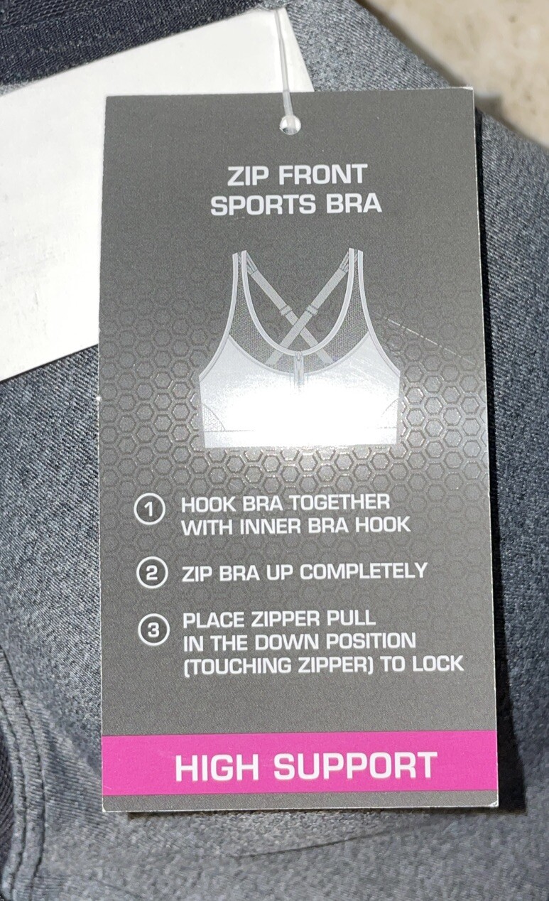 NWT Womens Avia Black & Grey Heather Zip Front Seamless Sports Bra Size Medium