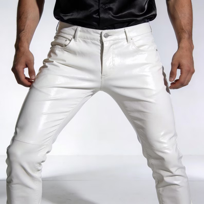 Men’s White Genuine Leather Pants – Slim Fit Designer Biker Trousers Jeans Style