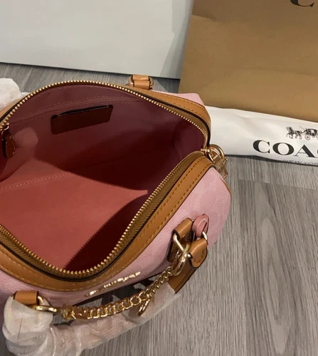 Coach Rowan Satchel Bag Signature Canvas With Charms Gold/Powder Pink CEA18 New