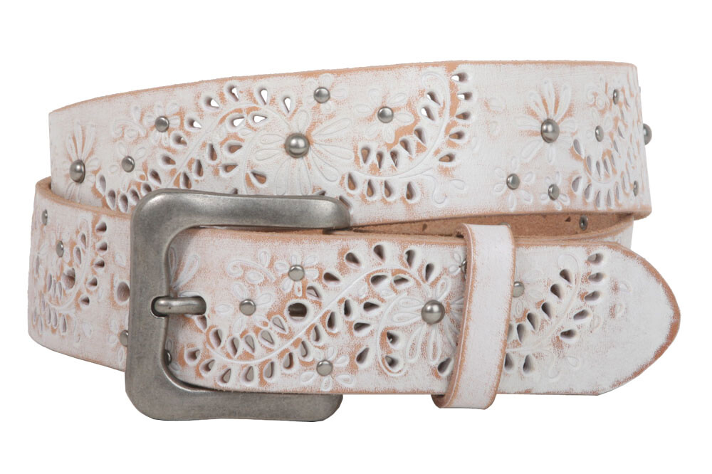 Snap On Vintage Cowhide Full Grain Leather Floral Rivet Perforated Casual Belt