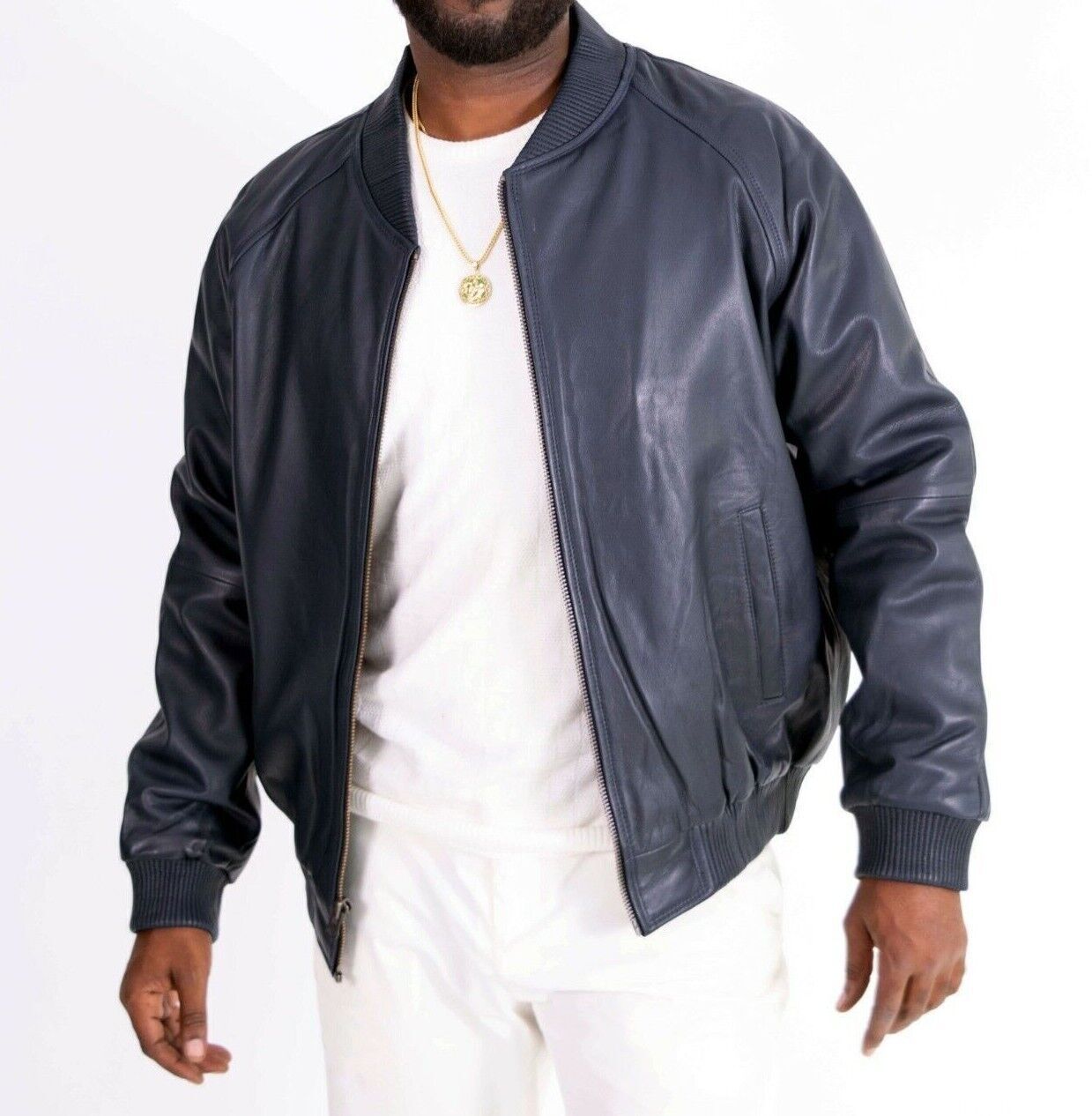 Men 100% Real Lambskin Leather Navy Blue Bomber Jacket Baseball Varsity Jacket