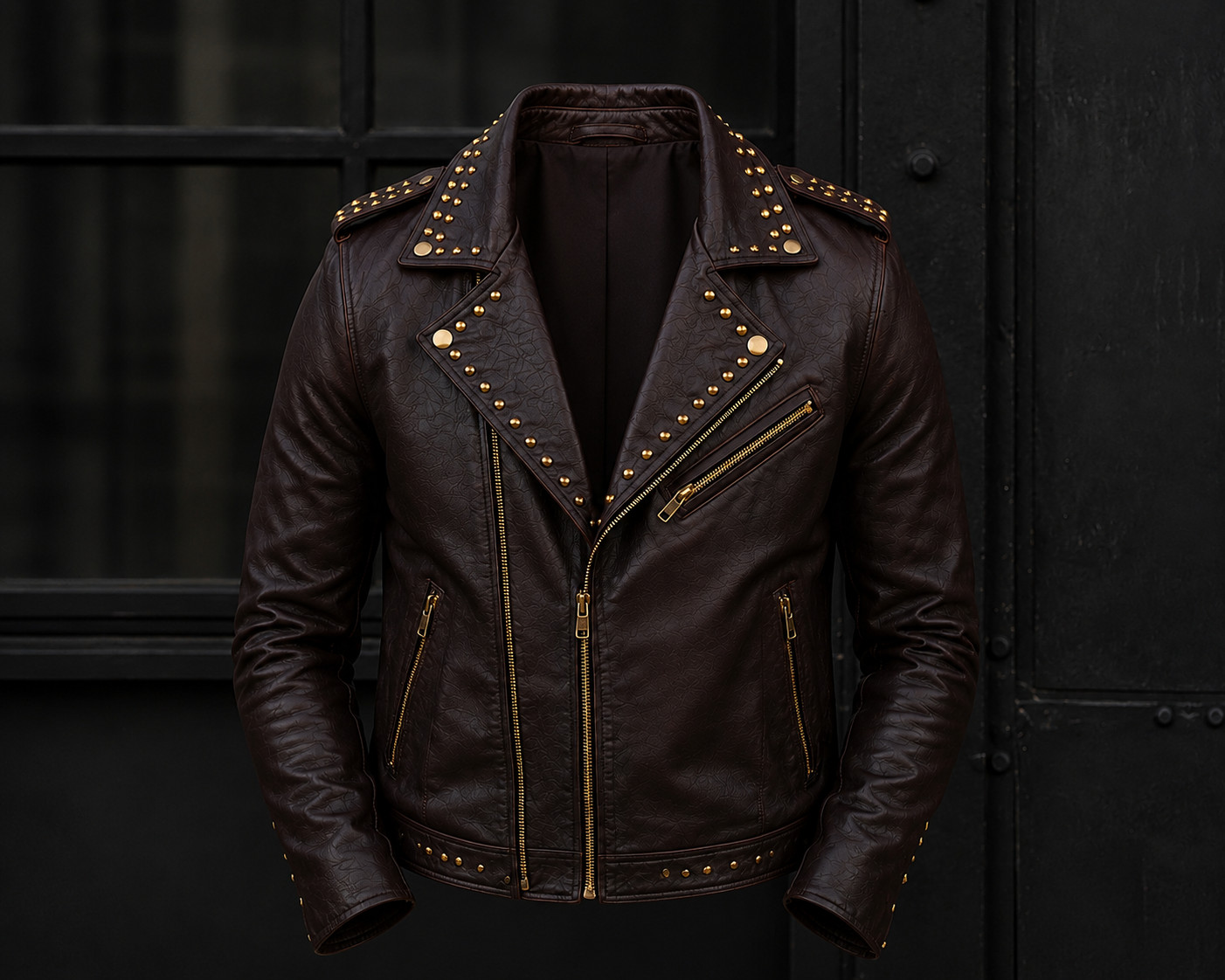 Men’s Brown Studded Leather Biker Jacket – Moto Slim Fit – Punk Rock Zip Up Coat