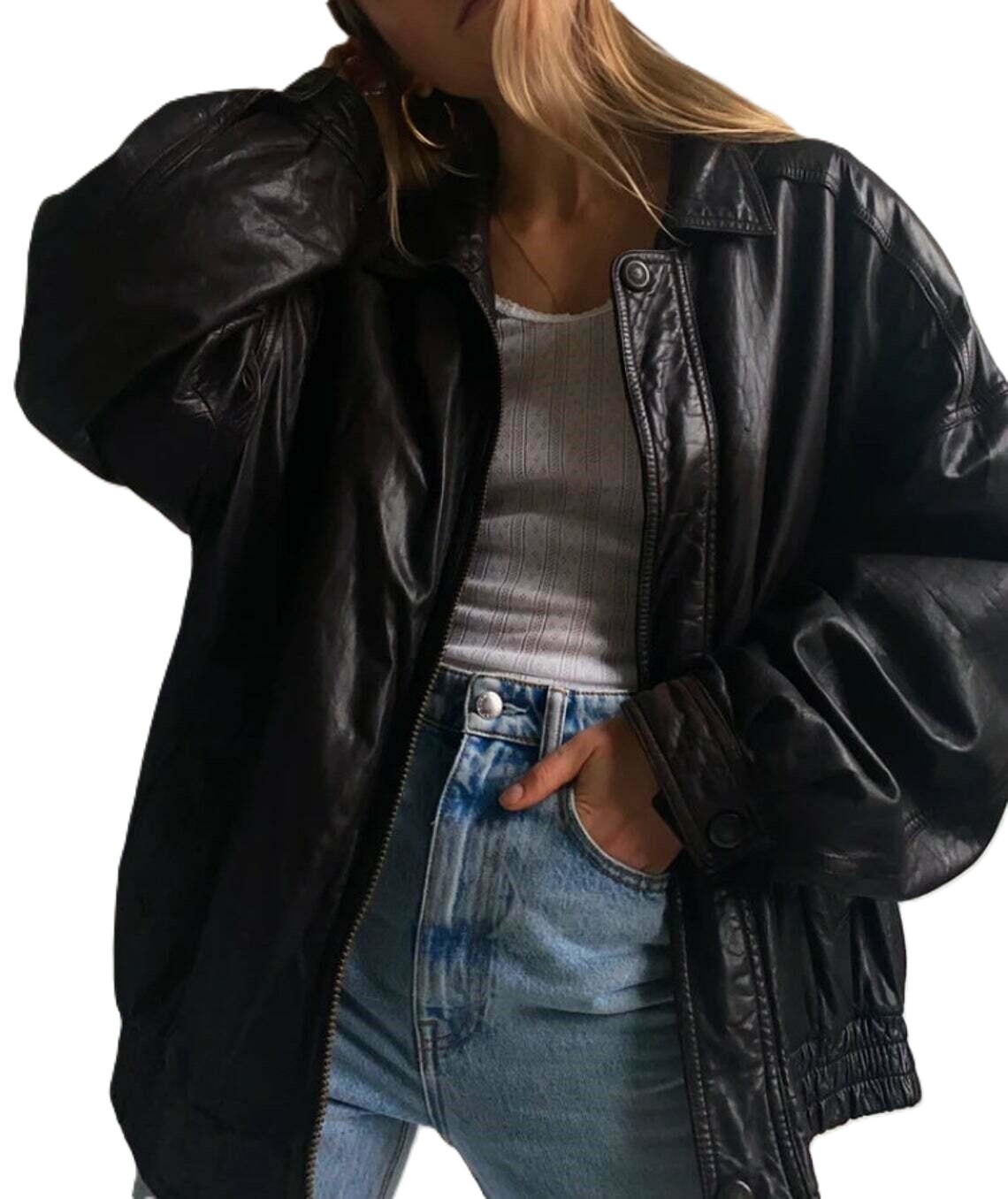 Women 90’s Fashion Leather Jacket Vintage Black Leather Oversized Bomber Jacket