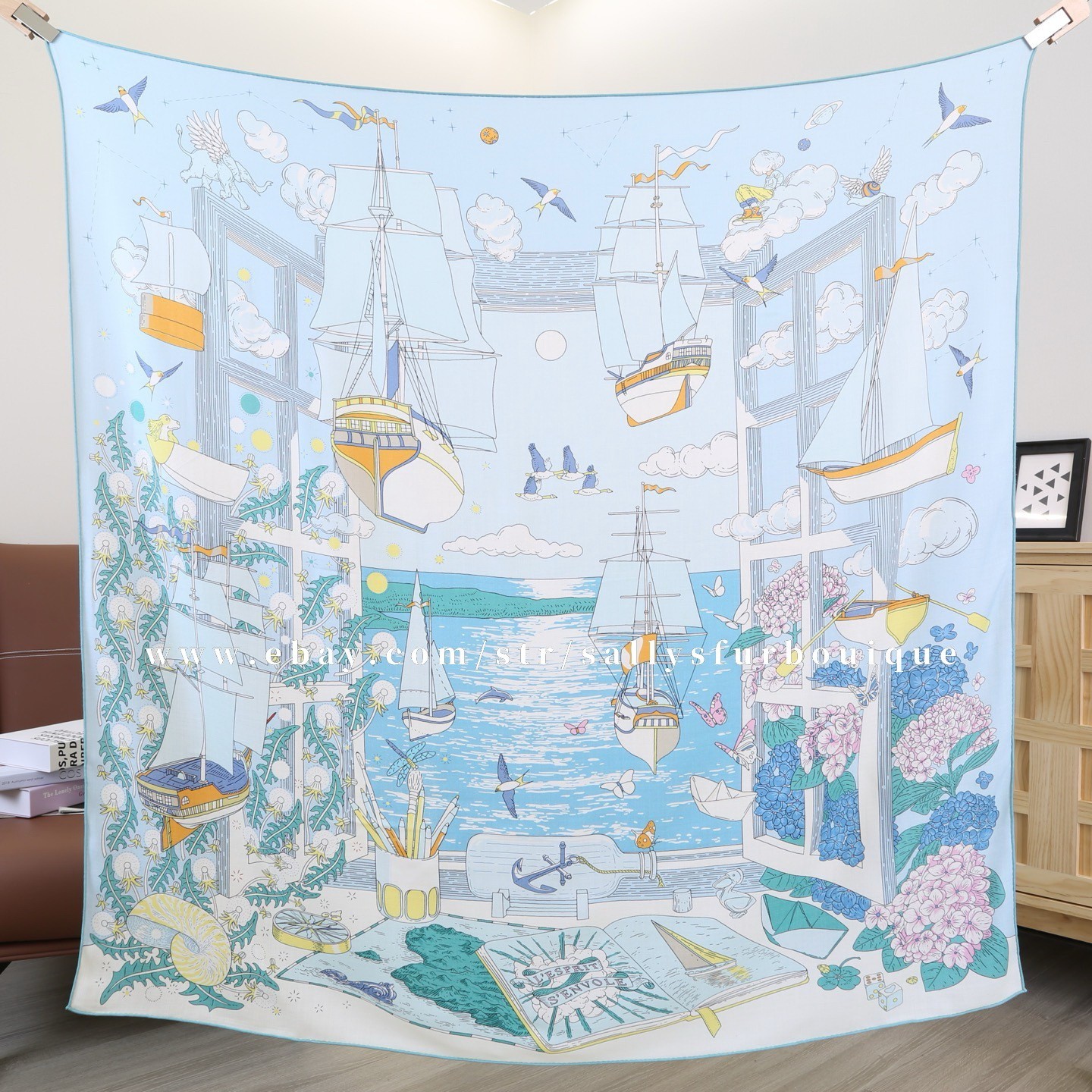 Sallys 70% Cashmere & 30% Silk Wrap Scarf Boat Print Double Face Shawl 53″ Blue