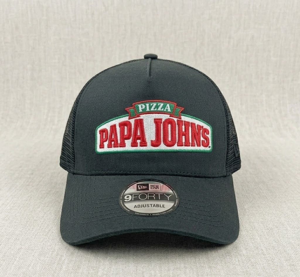 Papa Johns Pizza Logo Embroidered Trucker Hat Black Mesh Back Adjustable Cap