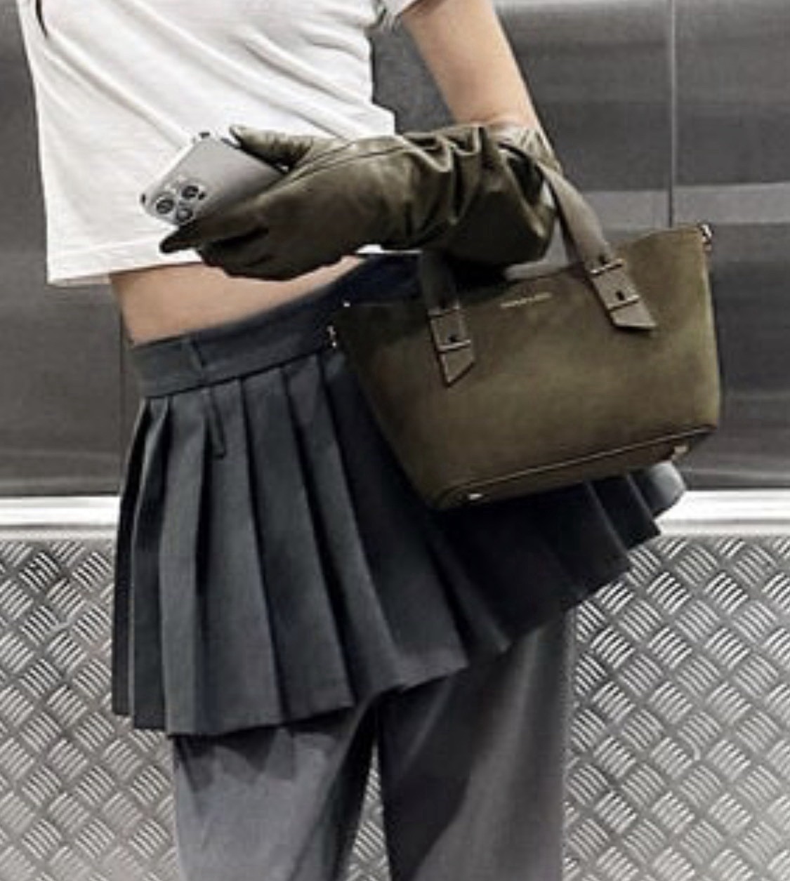 CHARLES & KEITH Women’s Deep Olive Mini Tote Bag Gold Hardware Detachable Strap