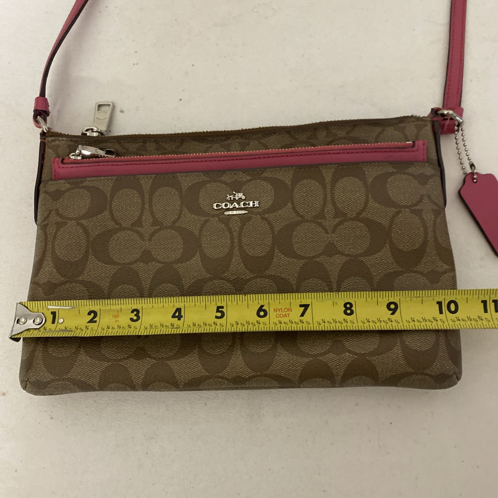 COACH EAST/ WEST POP CROSSBODY BAG IN KHAKI w/ PINK DETAILS & PINK ZIP WALLET