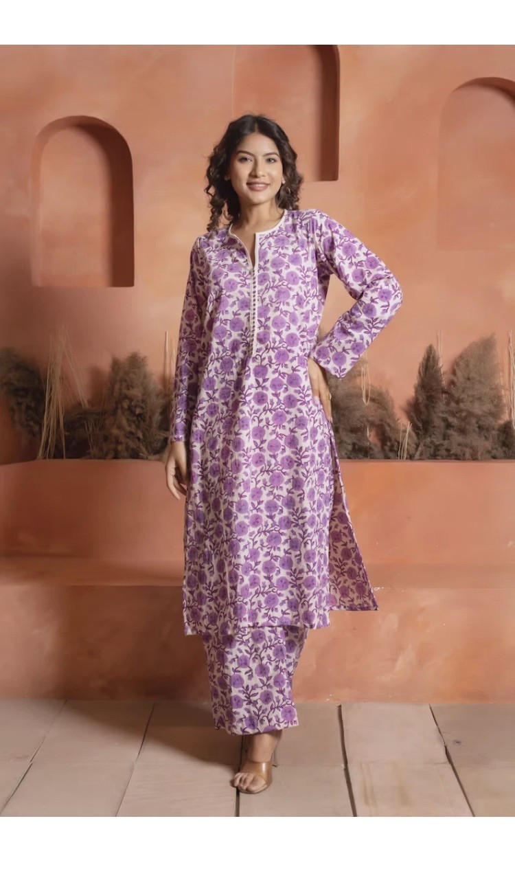 Purple Floral Cotton Co-ord Set, Hand Block Printed Kurta & Pants, Long Sleeve
