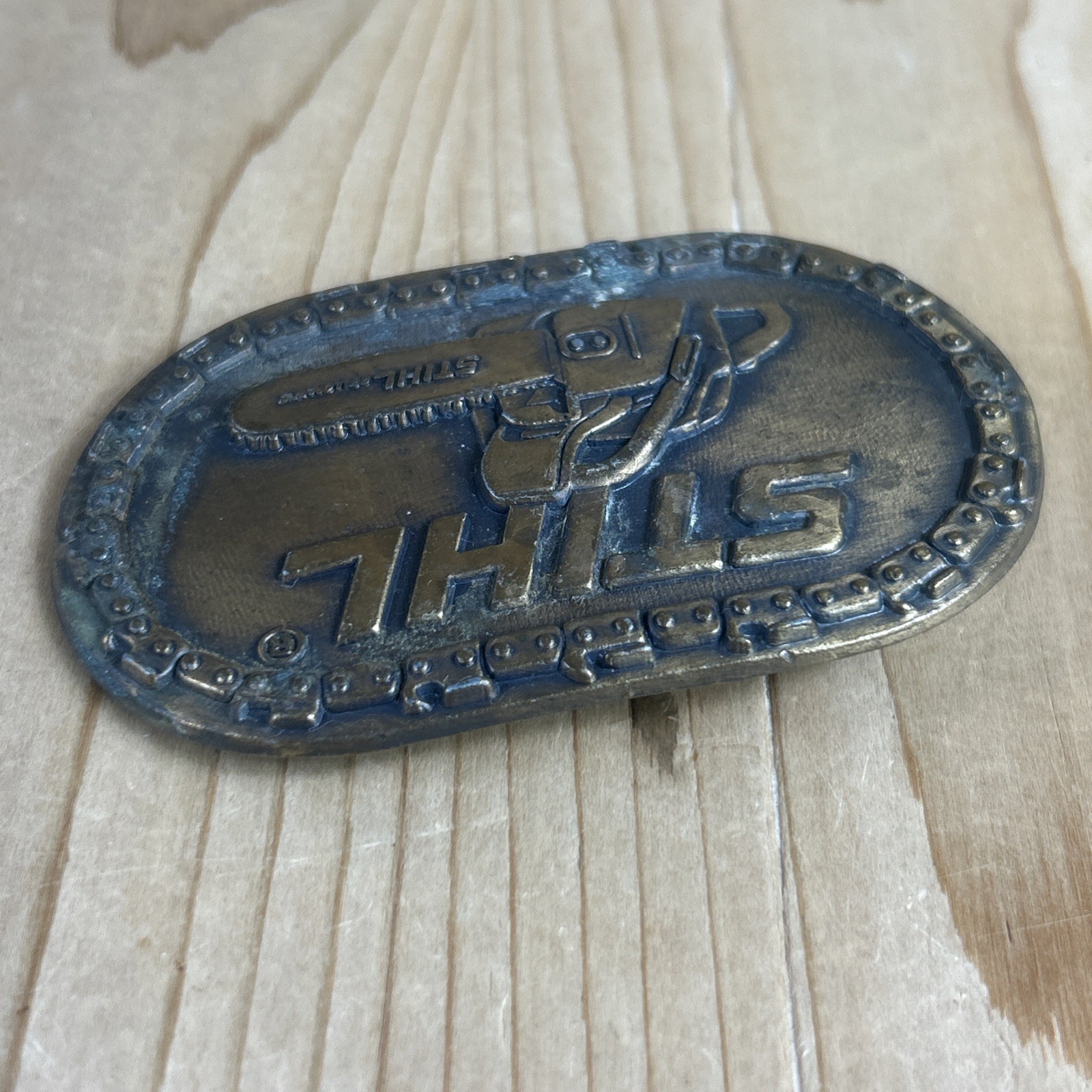 STIHL Chainsaw Belt Buckle Brass Chain Border Vintage 1980s