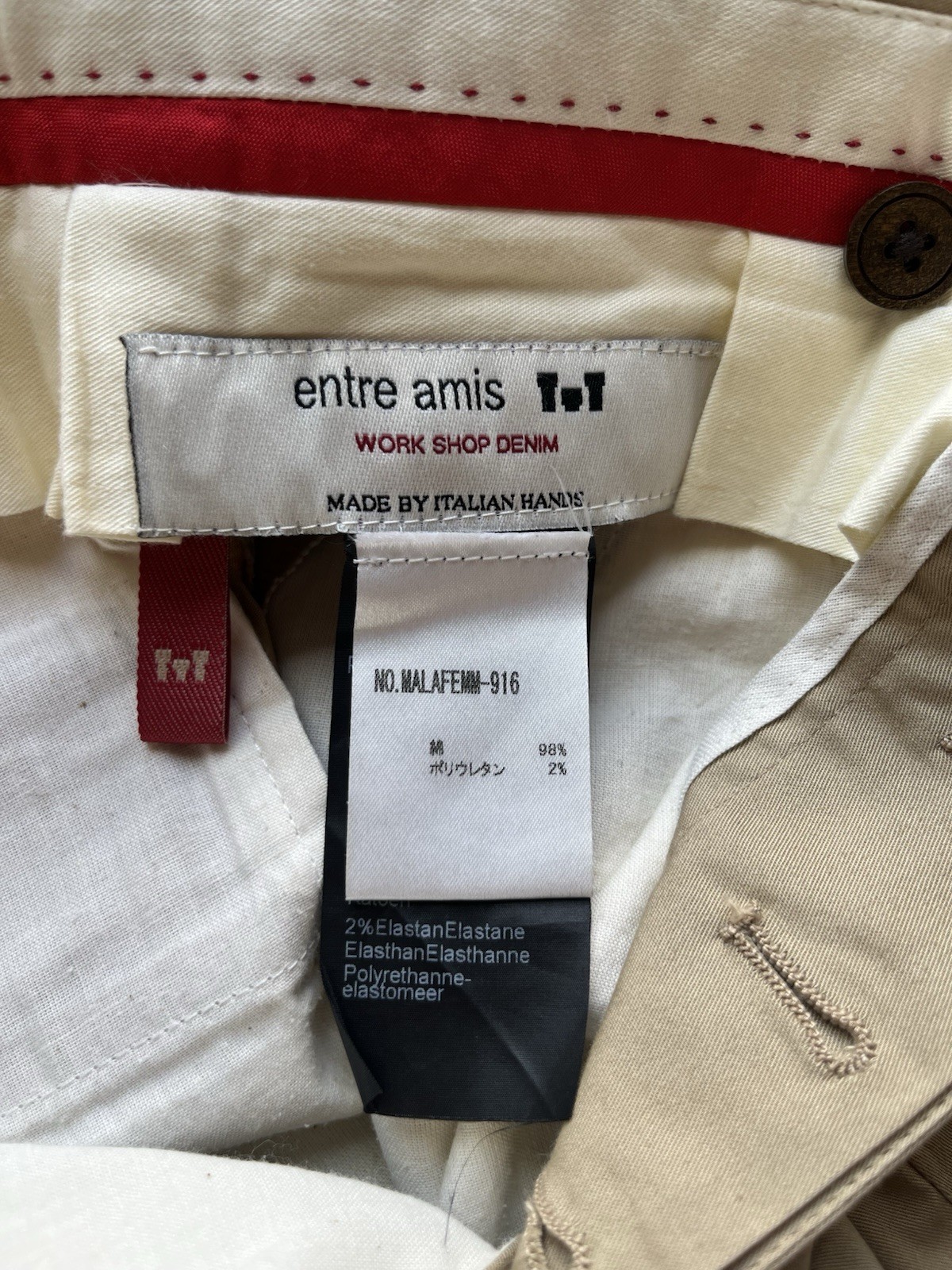 Entre Amis Chino Trousers Mens Size W28 L29 Beige Cotton Stretch Made in Italy