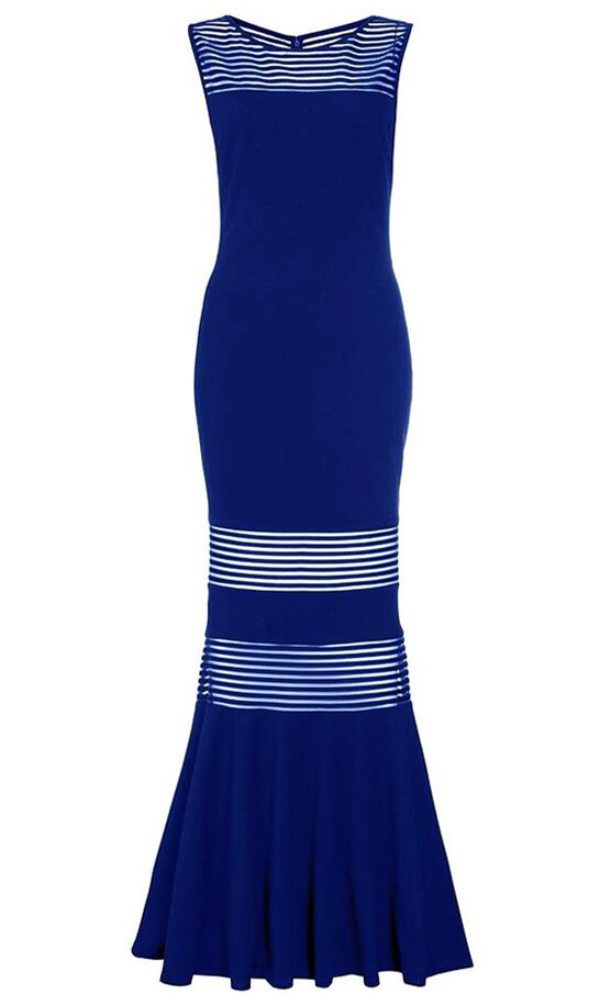 QUIZ Insert Fishtail Maxi Cocktail Party Wedding Dress Gown Blue & Black Mesh