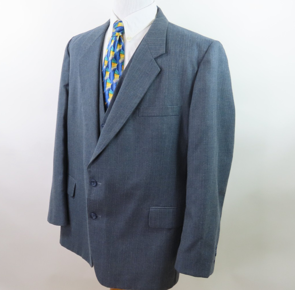 Vintage Three-Piece Mens Suit Gray Striped Wool Witty Brothers 43×28 48/50 R