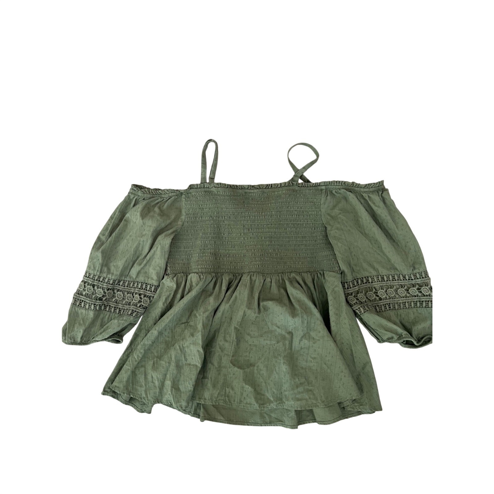 Torrid Cottagecore Boho Smocked Crochet Lace Off Shoulder Top Olive Green 1X