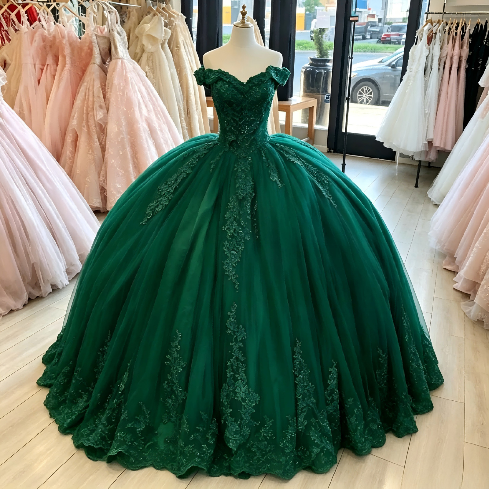 Green Lace Quinceanera Ball Gown Sweetheart Corset Back Big Bow Train Dresses