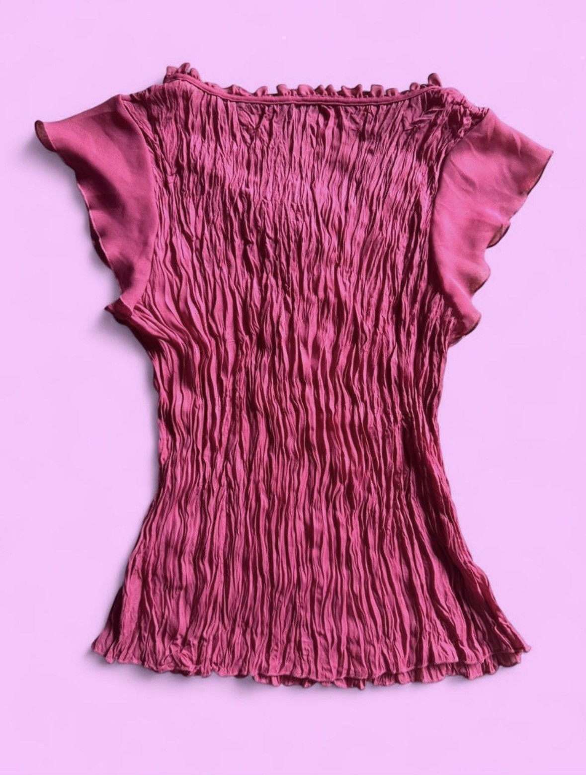 Sammy Taylor Pink Ruched Buttoned Blouse with Ruffled Trim in Petite Large