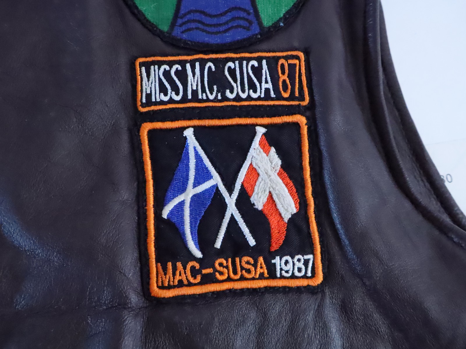 80s 90s Motorcycle Rally Worn Danish Scottish Highland Brown Leather Biker Vest