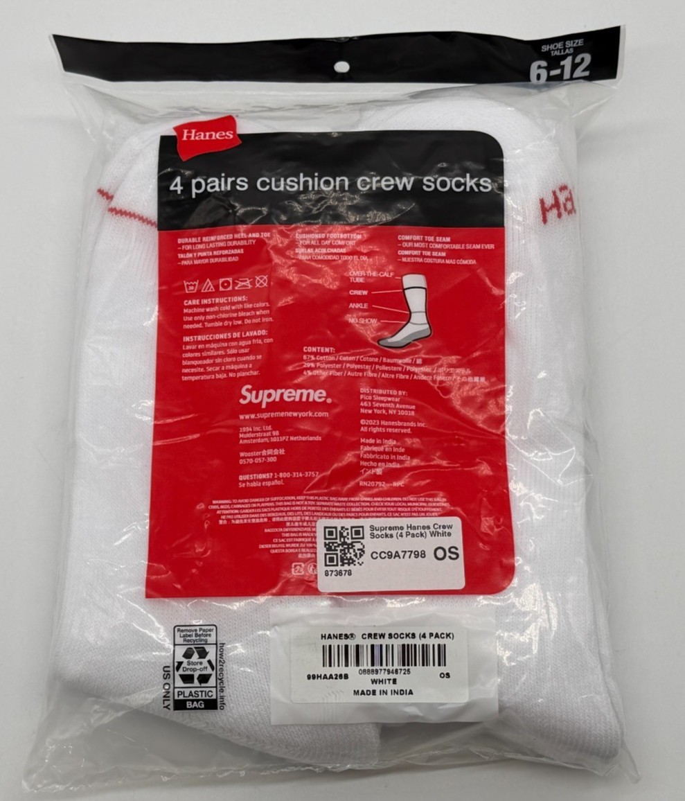 NEW Supreme Hanes Crew Socks White 4 Pack Shoe Size 6-12