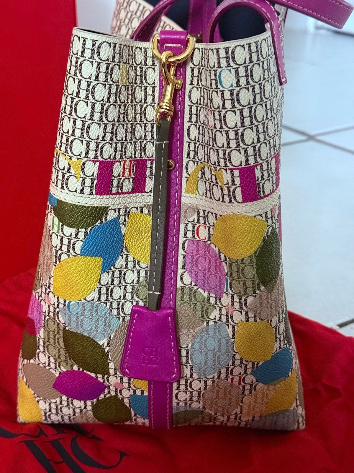 Carolina Herrera CH Monogram Multicolor Tote Purple Double Handles Padlock Key