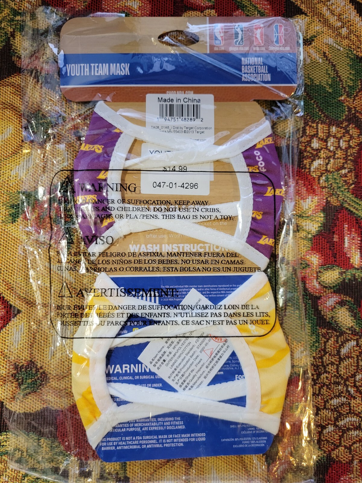 LA Lakers Washable Face Masks 2 Pack NEW NBA Youth Size Team Mask