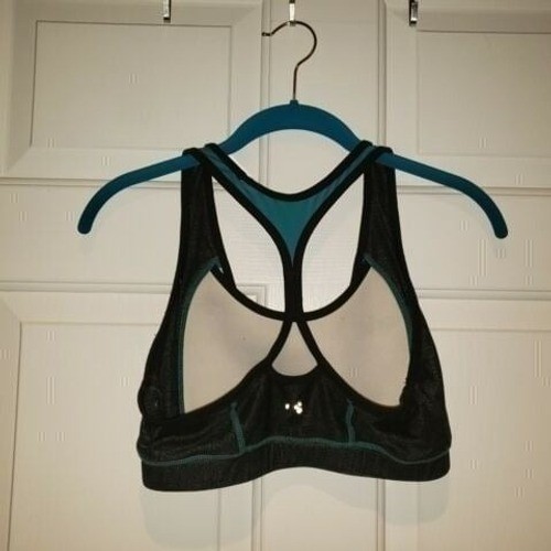 Women’s Avia sz M Black Pattern with Blue Stitching Racerback Sports Bra Padded