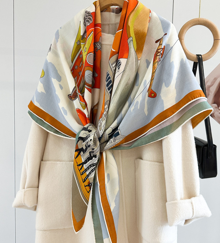 70% Cashmere 30% Silk Wrap Scarf Horse Print Double Face Print Shawl 135X135cm