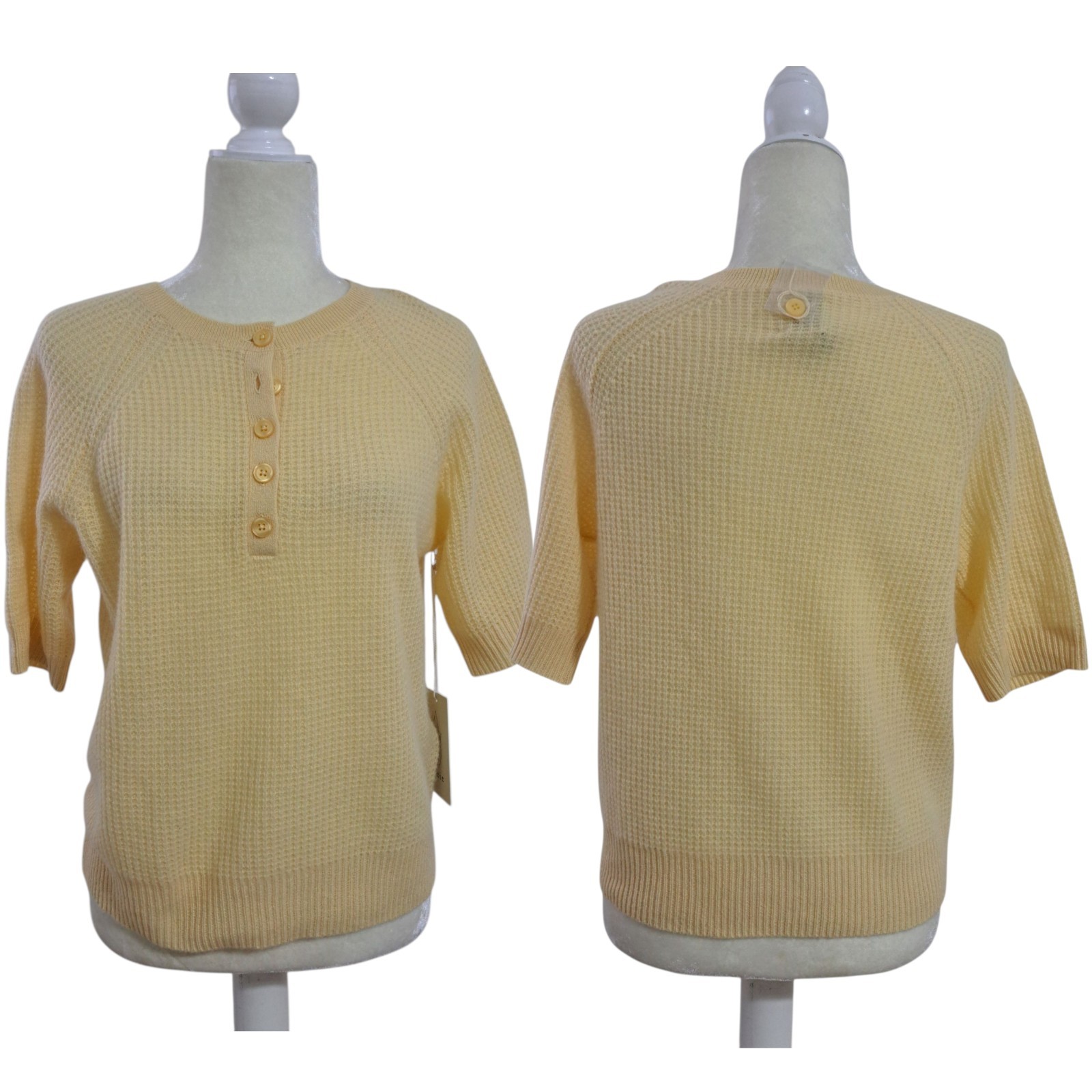 Joie Women’s Cashmere Textured Knit Short Sleeve Henley Sweater Butter Yellow L