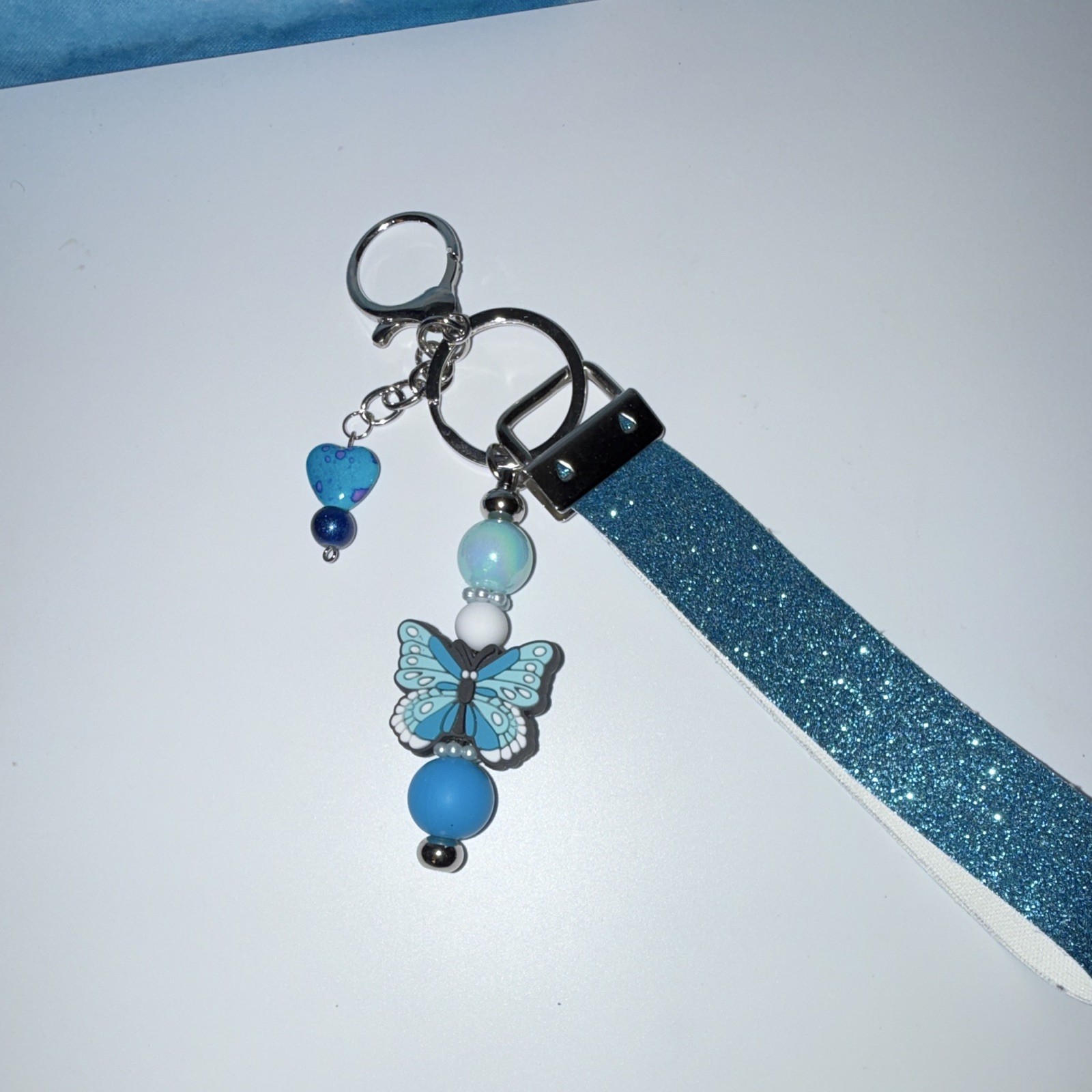 Blue Glitter Wristlet Strap Key Chain/Bag Charm w/Butterfly Heart Beads