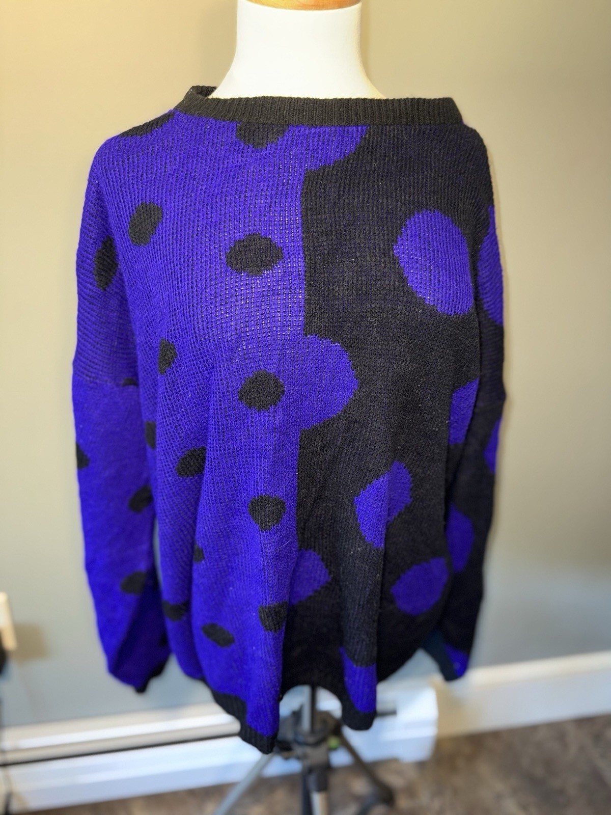 vintage 80s 90s World Trade Knits Black/Purple Abstract Sweater Chunky Knit SZ M