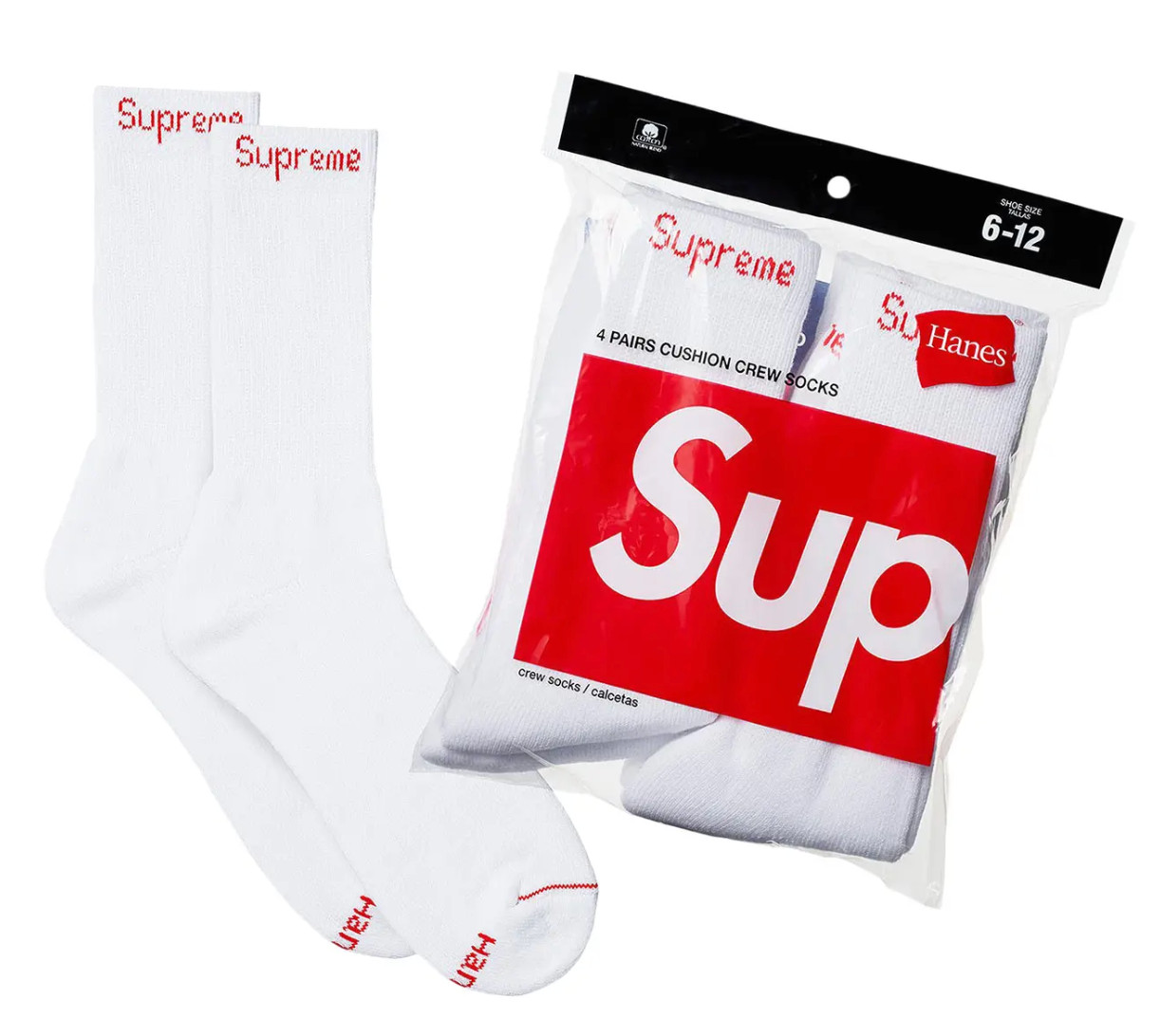 NEW Supreme Hanes Crew Socks White 4 Pack Shoe Size 6-12