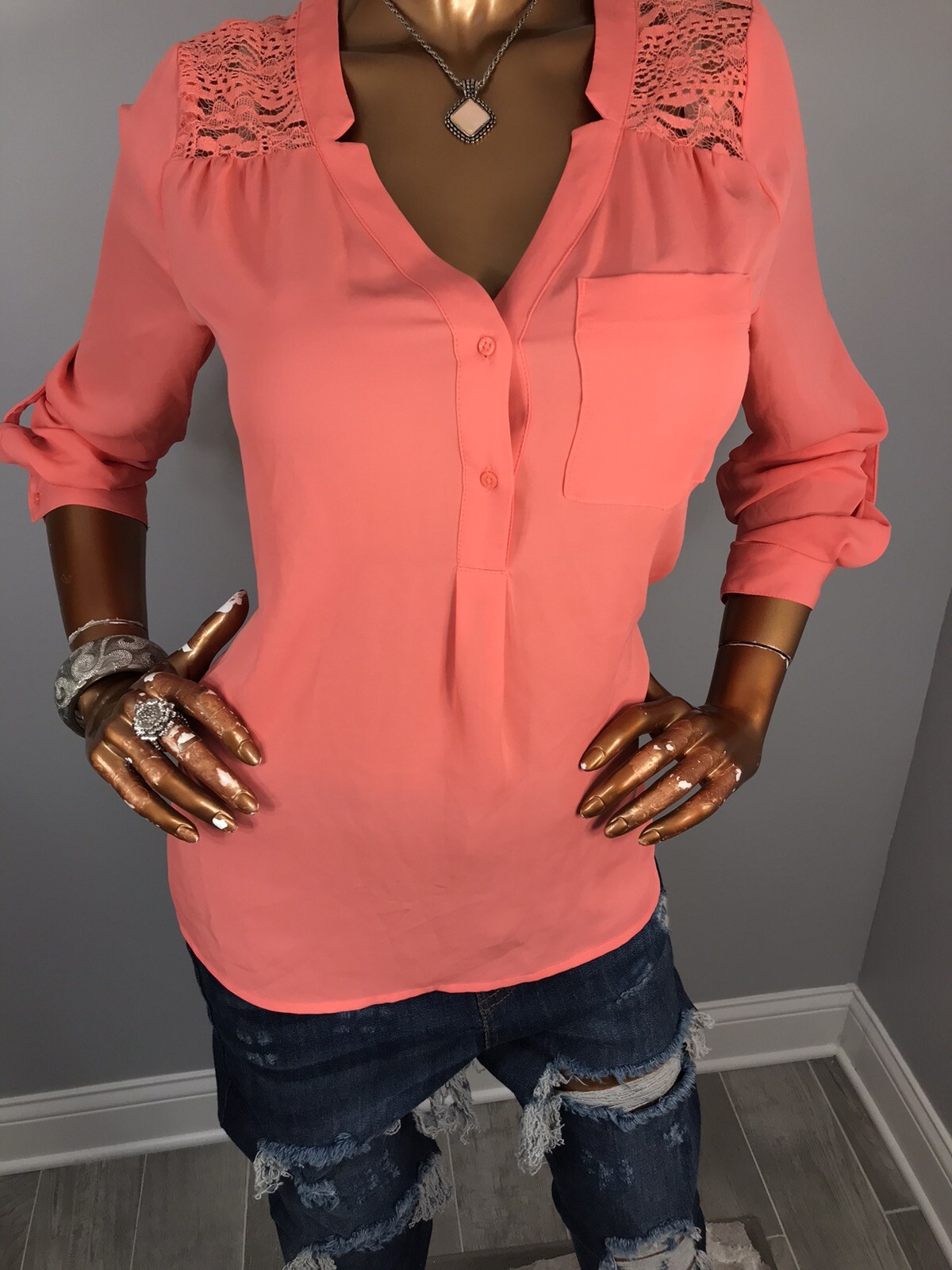 Candie’s L Top Lace Mesh Yoke NWT $38 Coral 1/2 Button Up Shirt Blouse Low V Cut