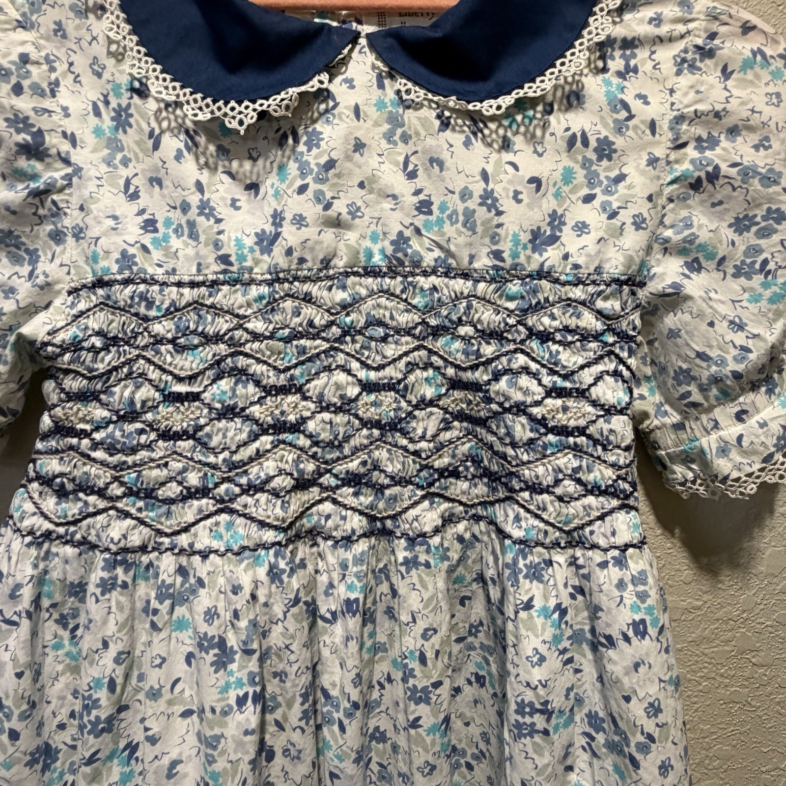 Vintage Liberty of London Girls Hand Smocked Floral Dress Blue Peter Pan Collar