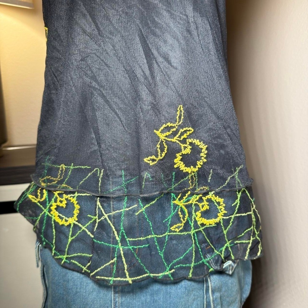 Euro Y2K Black Mesh Embroidered Floral Cami Top