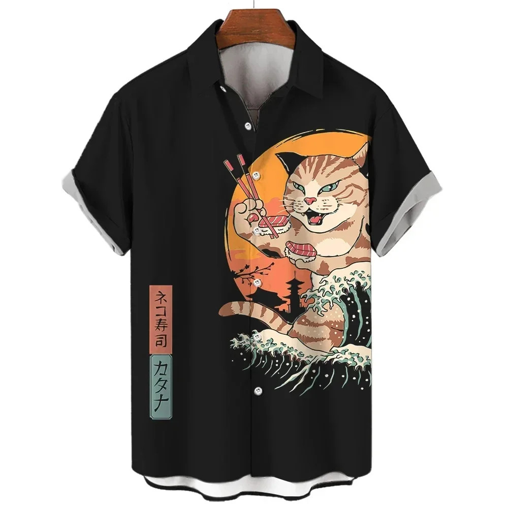 Fashion Men’s Clothing Cool Samurai Cat Tops Summer New Men’s Clothing Casual