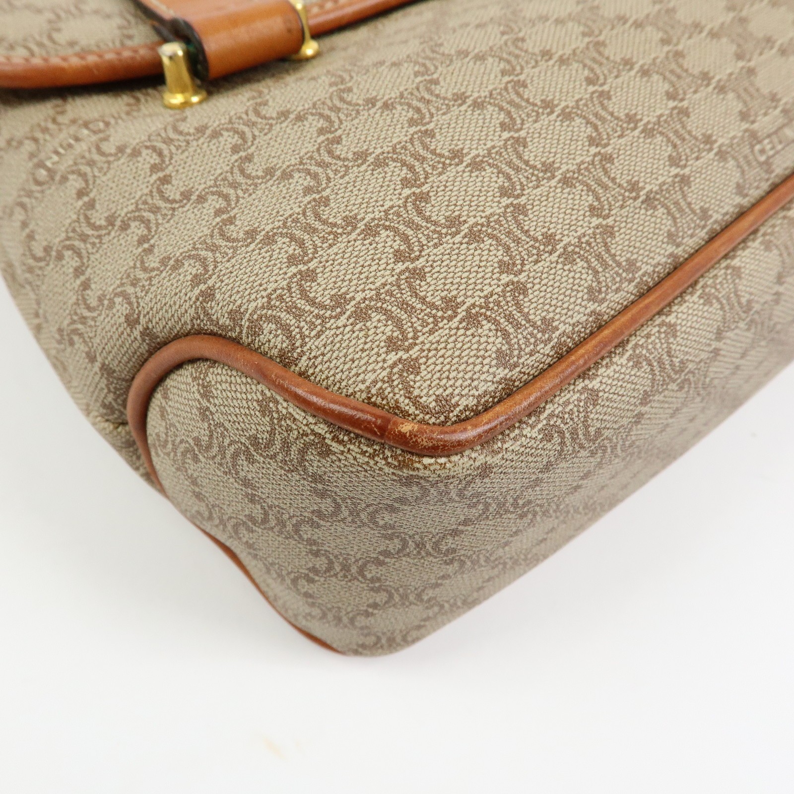CELINE Logo Macadam PVC Leather Hand Bag Shoulder Bag Beige Brown Auth Used F/S