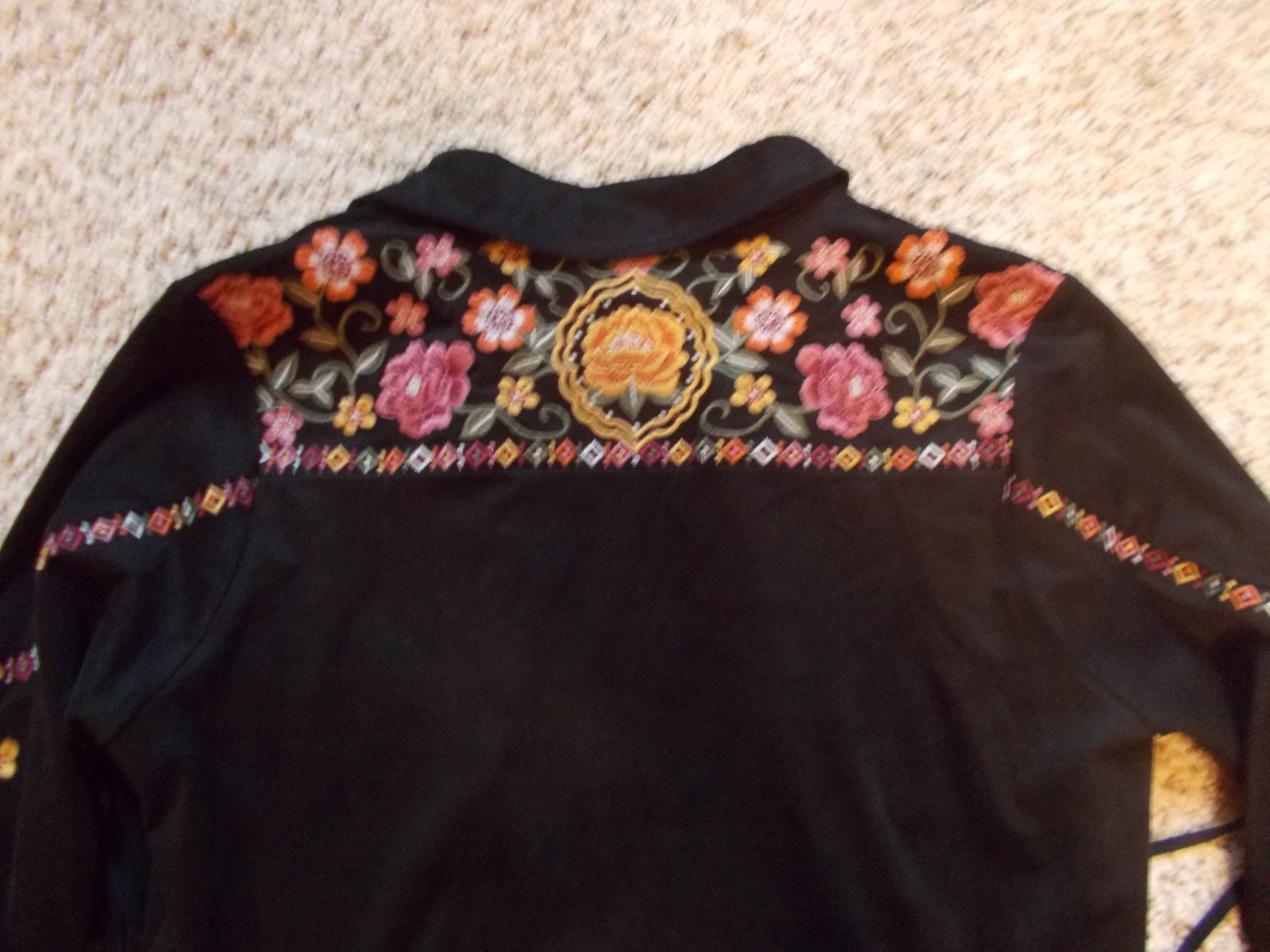 Savanna Jane Faux Suede Black Embroidered Jacket Fringe Flowers sz S M