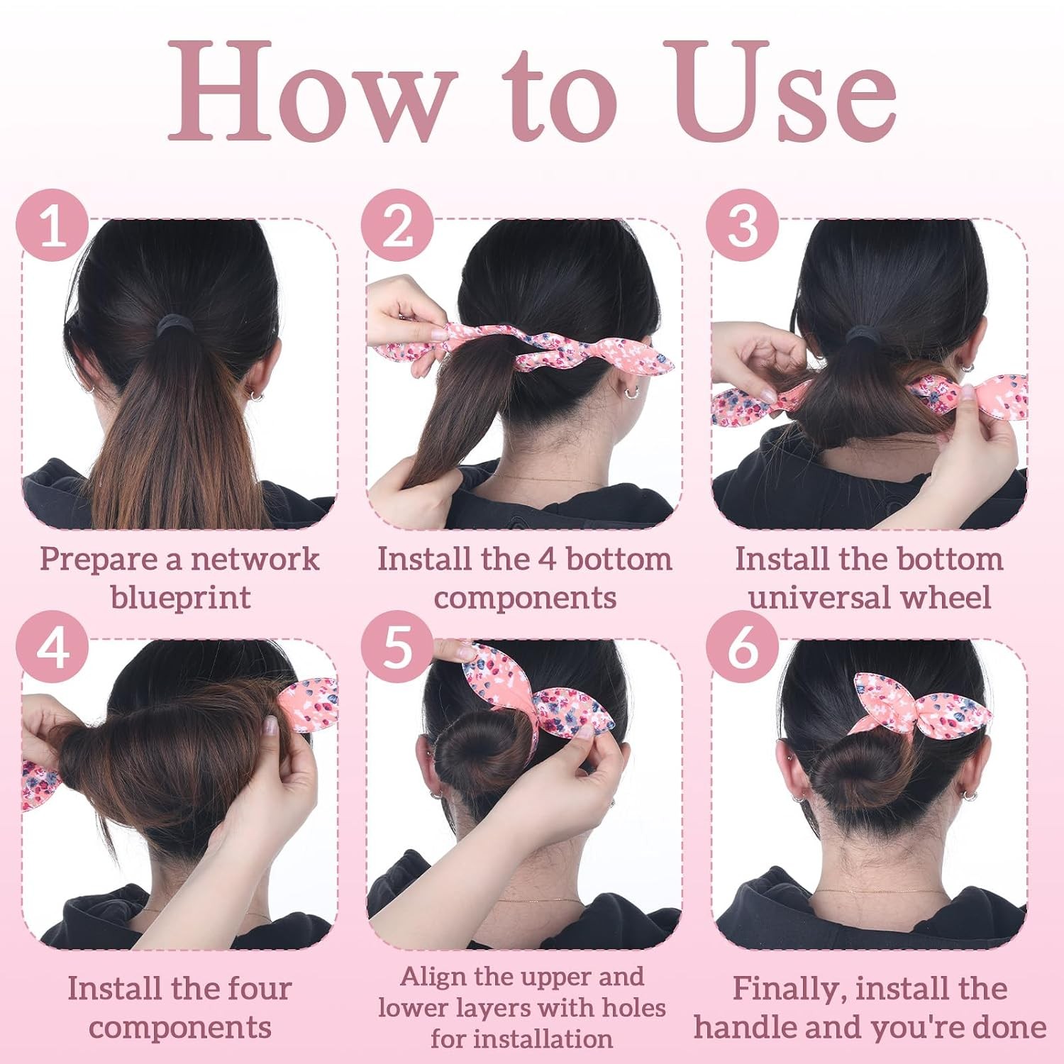 4 Pcs Hair Bun Maker French Twist Shaper Snap Roll Sponge Curler Clips Rabbit
