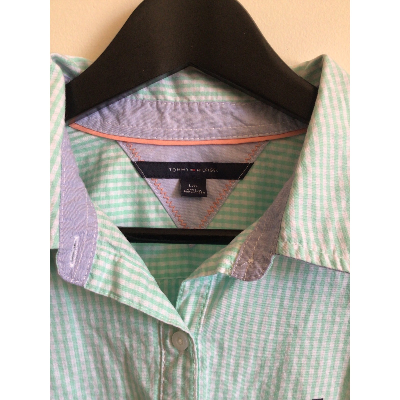 Tommy Hilfiger Women’s Large Mint Green Gingham Button Down Shirt 100% Cotton