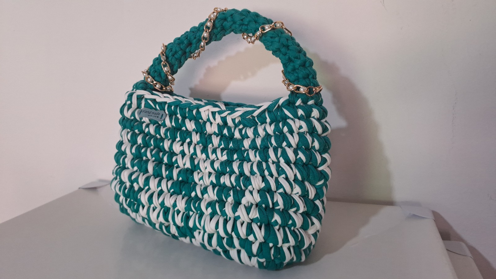 Handmade Crochet Bag Turquoise & White Stylish Summer Handbag Gift