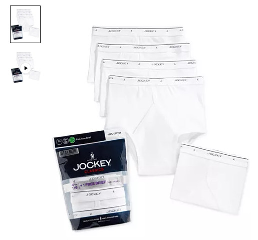 Men’s Jockey 4-Pack + 1 Free 100% Cotton White Classics Full-Rise Staynew Briefs
