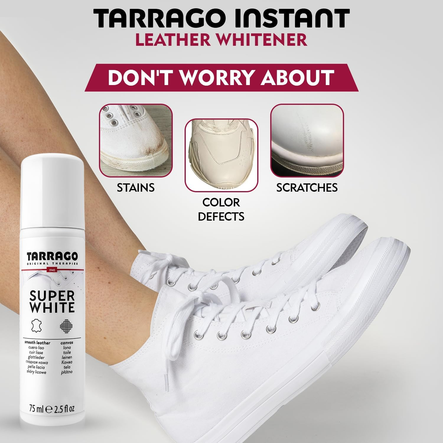 Tarrago Super White Shoe Whitener Instant Cleaner for Sneakers, 75Ml