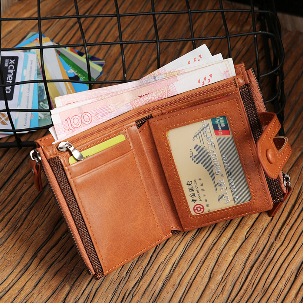 Genuine Leather Zipper Wallet Short RFID Blocking Bifold Big Capacity Coin Purse