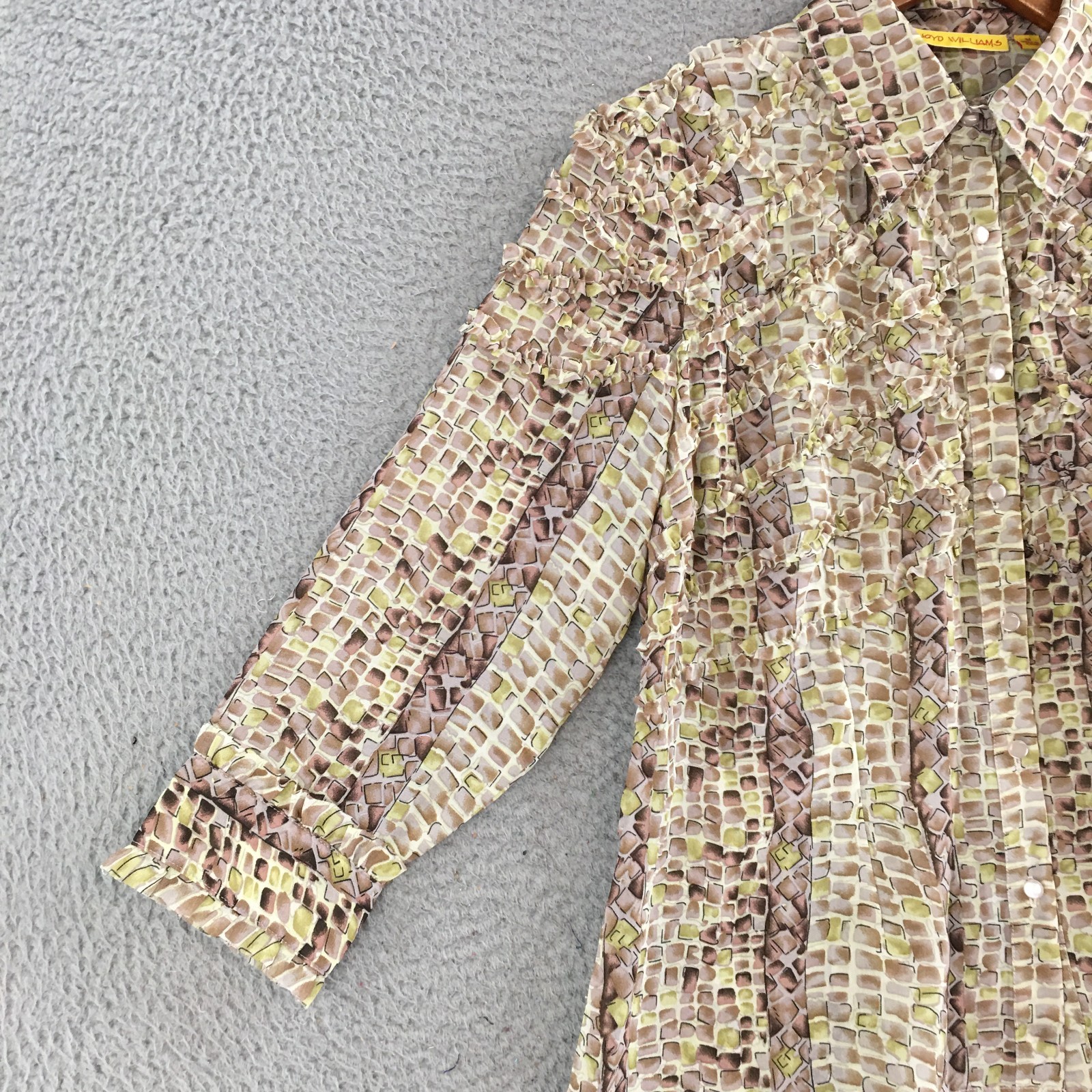 Lloyd Williams Blouse Womens Medium Abstract Print Ruffle Button Up Brown Green