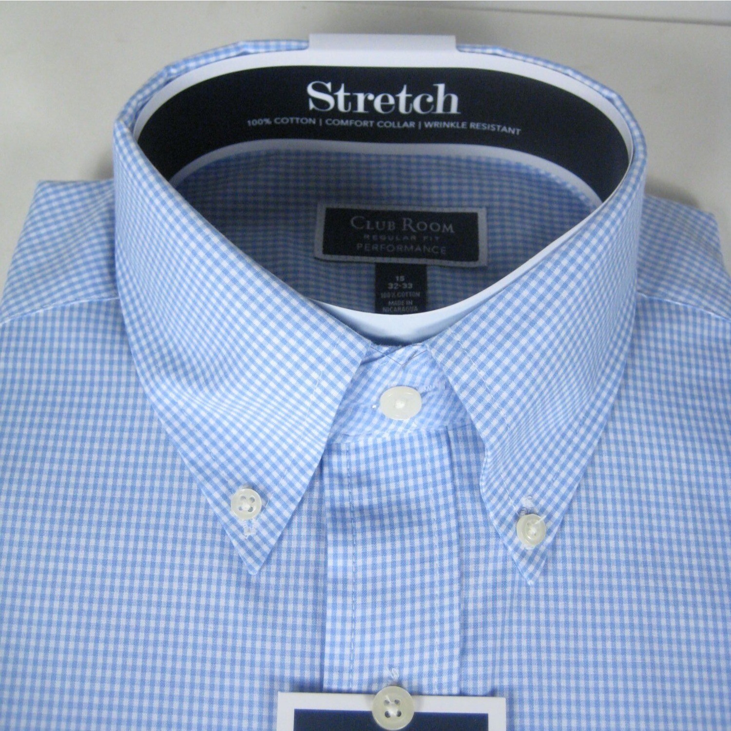 Club Room Mens Regular Fit Performance Stretch Dress 32 to 33 Shirt 15 Gingham