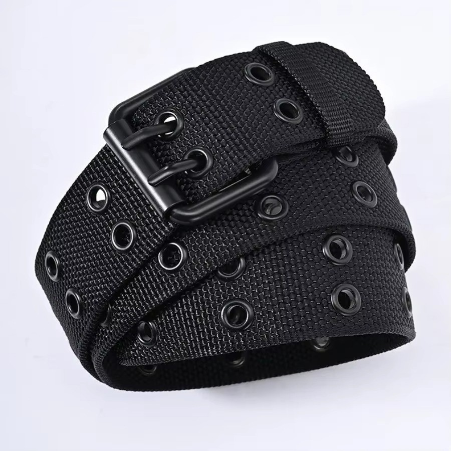 NEW Unisex 100% Cotton Canvas Belt Double Grommet Hole For Men Women Buckle Jean