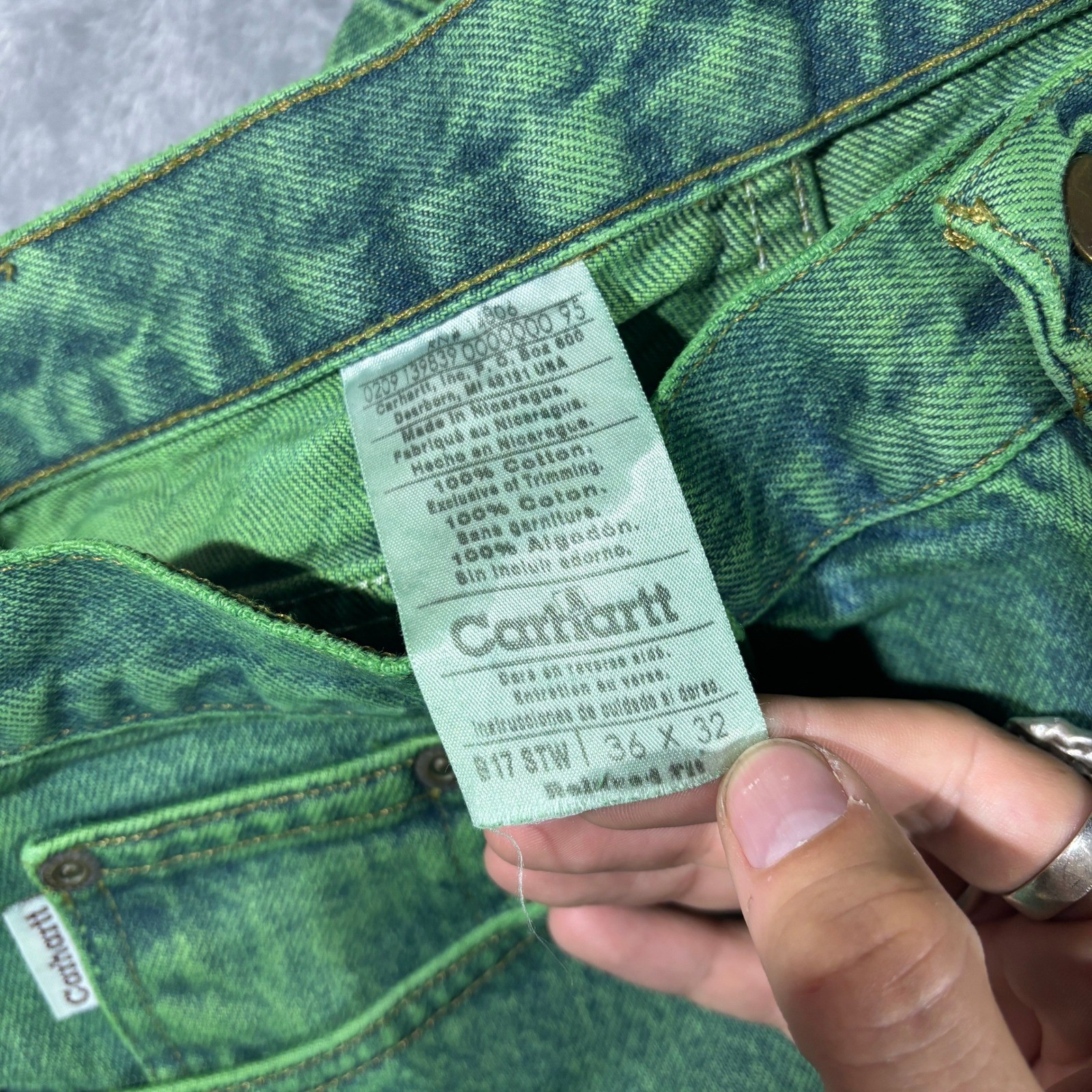 Carhartt Denim Jeans Men 35×32 B17 STW Relaxed Fit Green Hand Graphic Custom Dye