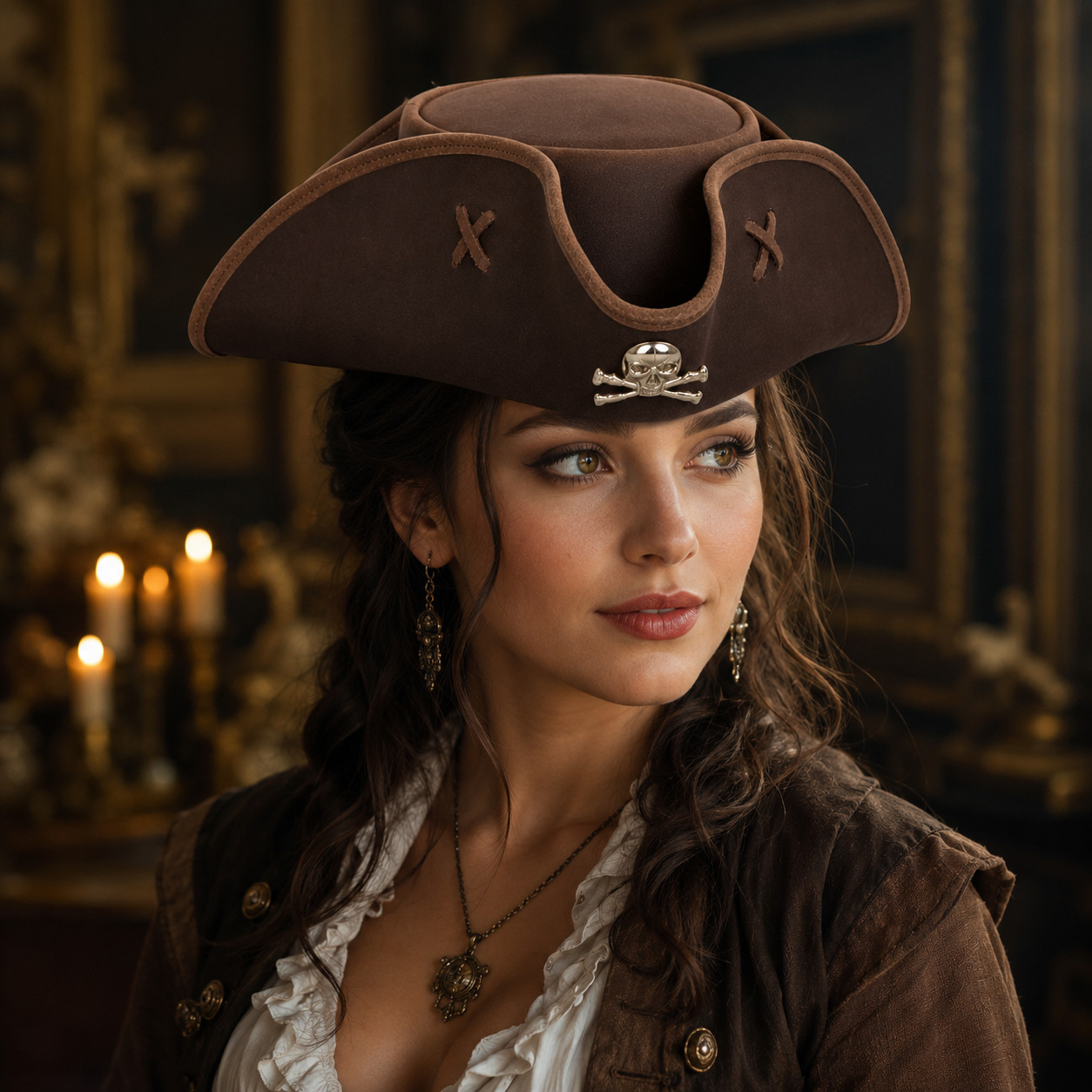 Brown Faux Leather Tricorn Pirate Hat Cross Stitch Handmade Costume LARP