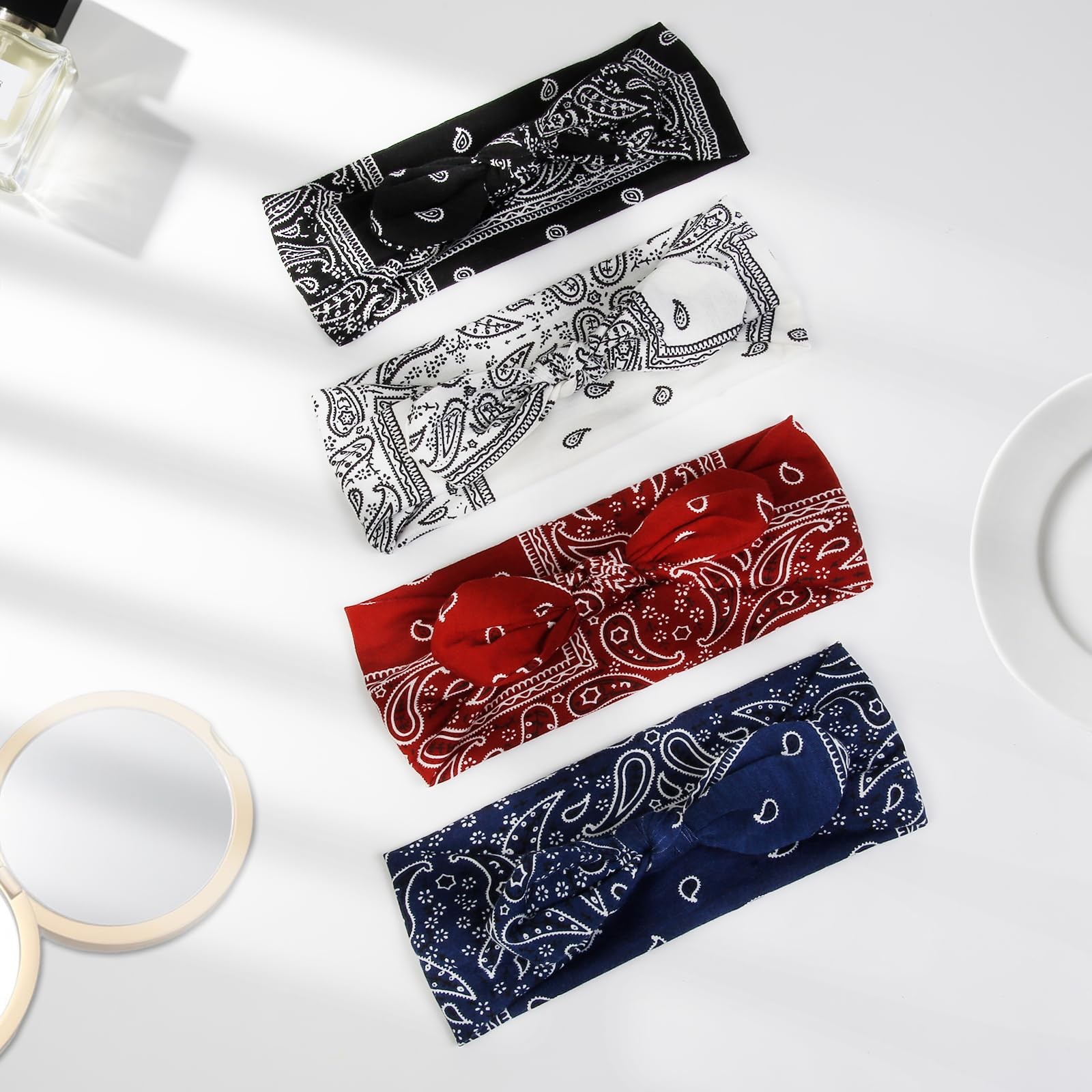 Boho Paisley Bandana Headbands for Women, NonSlip Wide Bow Headwraps 6 Pack